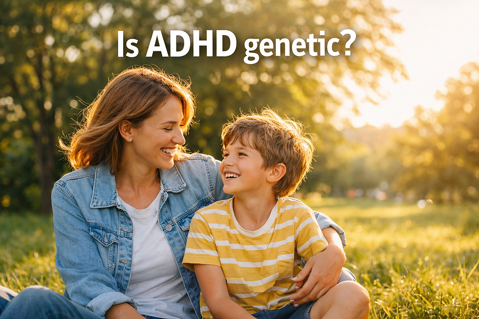 Alt text:
Mother and son sitting together outdoors in a sunny park, smiling warmly at each other, with the text “Is ADHD genetic?” representing family connection and genetic influences on ADHD.
Short accessibility version:
Mother and son smiling together in a park beside the text “Is ADHD genetic?”