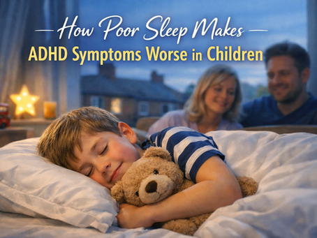 Sleeping child hugging a teddy bear while parents smile nearby in a cozy bedroom, illustrating how sleep affects ADHD symptoms in children.