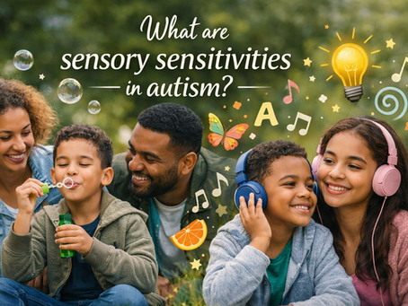 Smiling mixed-race UK family outdoors with children using headphones and playful sensory illustrations, blog header for “What are sensory sensitivities in autism?”