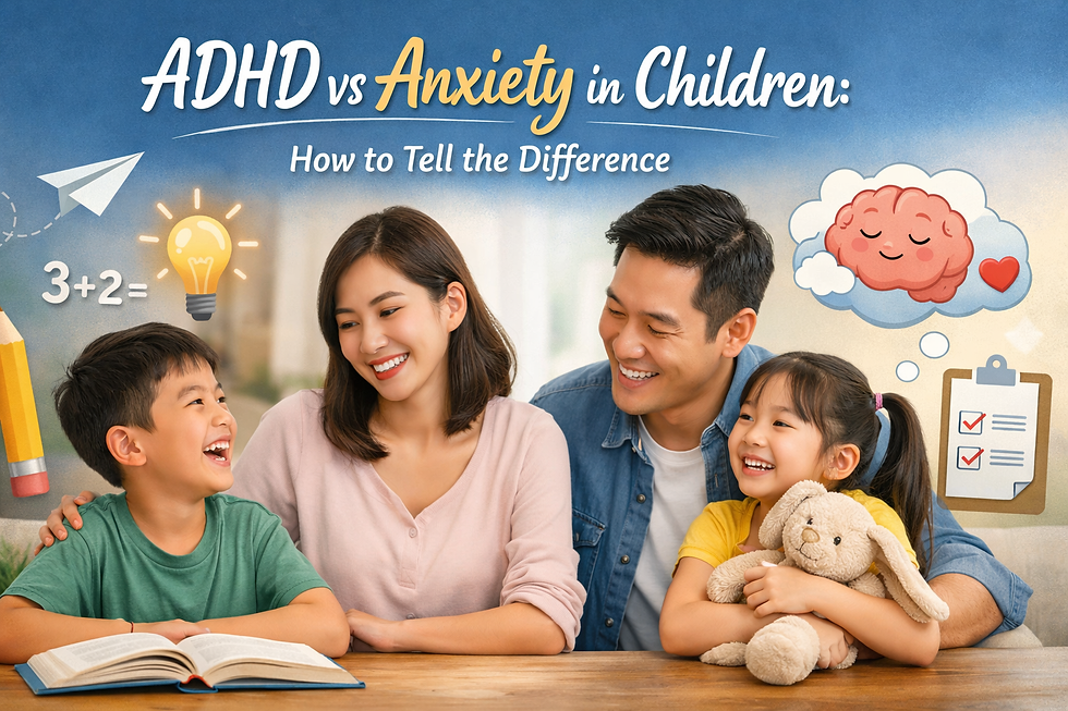 Smiling Asian family with children at table, playful icons illustrating ADHD vs anxiety differences in kids, warm and supportive educational blog header