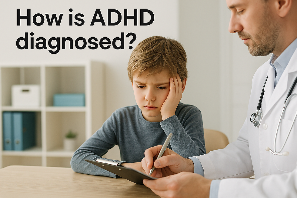 Doctor writing on a clipboard beside a thoughtful boy with the text “How is ADHD diagnosed?”