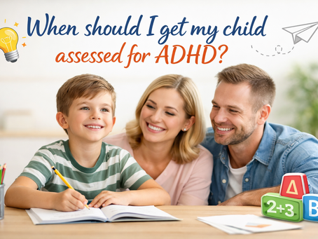 Smiling parents supporting child doing homework, with playful icons, representing ADHD assessment guidance in a warm family setting
