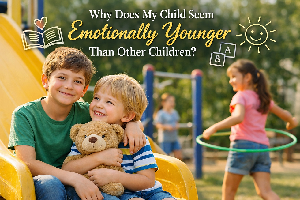 Happy children playing on a playground, smiling and hugging, with blog title “Why does my child seem emotionally younger than other children?” and playful illustrated icons.