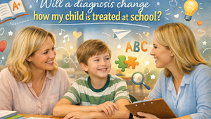 Smiling parent, child and teacher in a positive school meeting with ADHD/autism symbols, representing support after diagnosis in school settings.