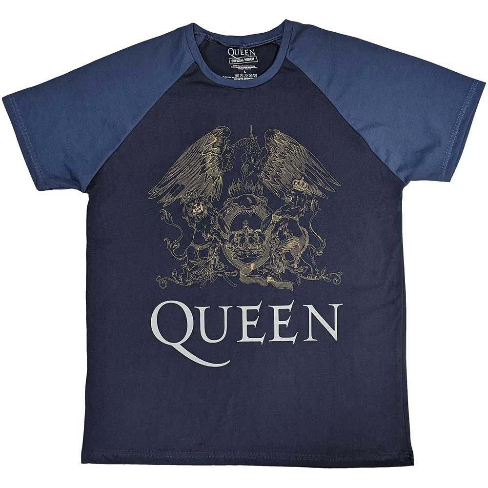 T-Shirt Officiel Unisexe QUEEN Raglan - Crest (Bleu marine & Bleu jean )