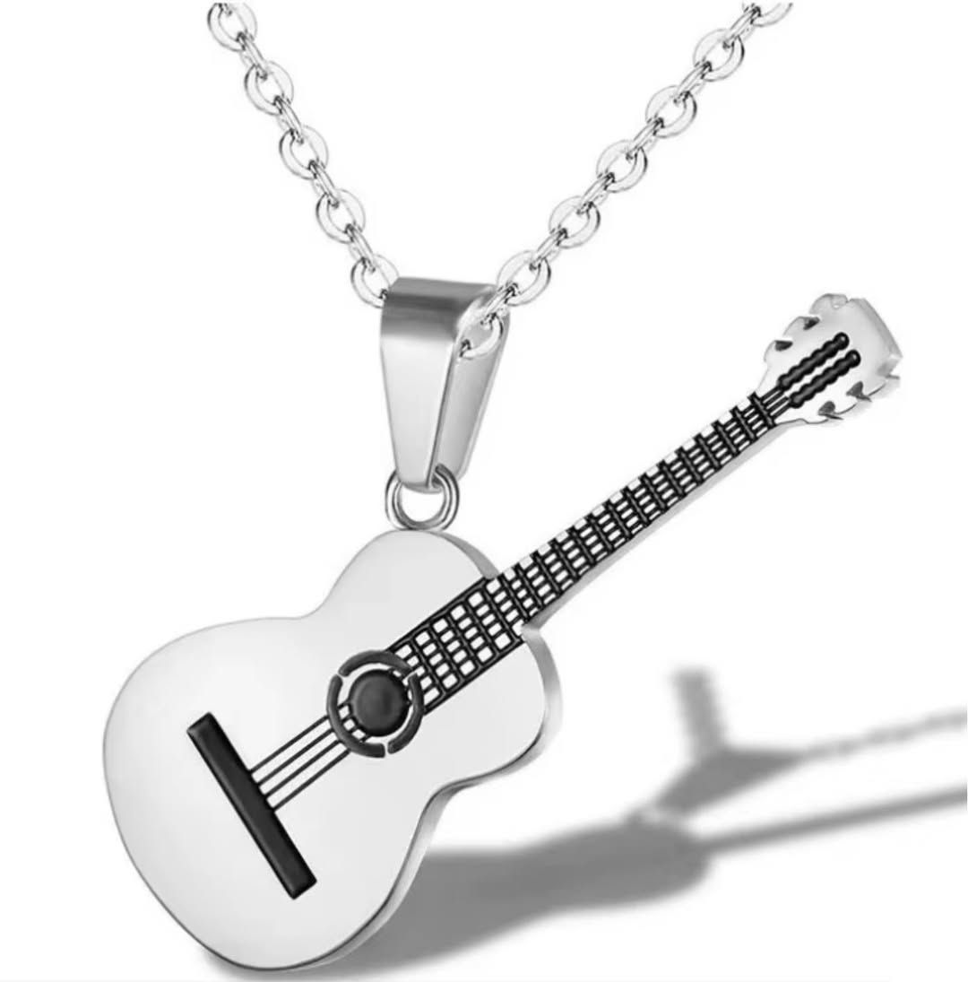 Collier Unisexe Acier Inoxydable Pendant GUITARE ACOUSTIQUE ( Silver )