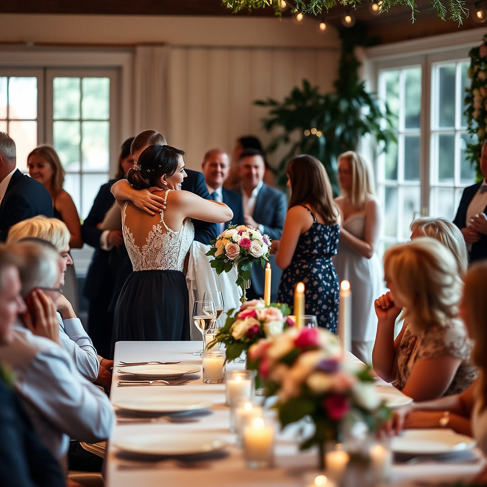 Guests celebrate at a wedding reception, woman in lace dress hugs a man, surrounded by flowers and candles, warm and joyful atmosphere.