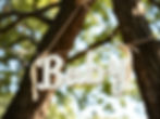 White "Baby" sign hangs from a string, outdoor setting with trees and sunlight filtering through leaves in the background.