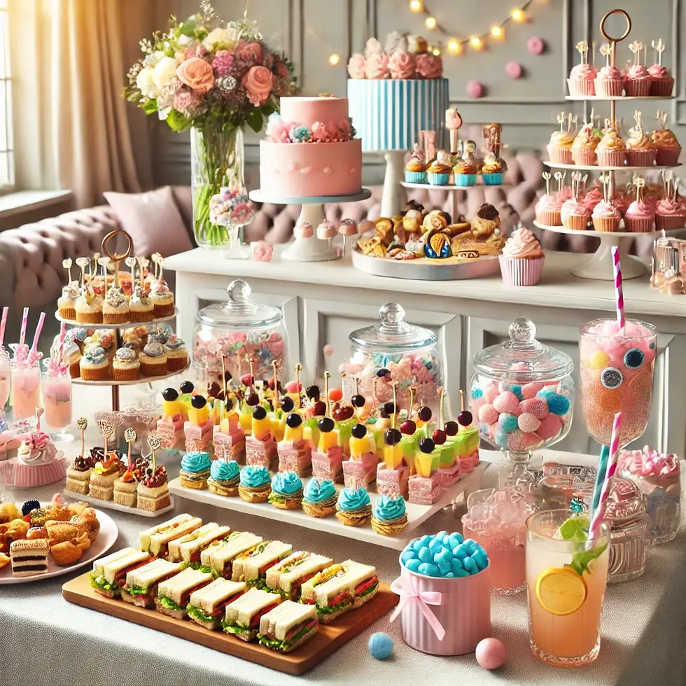 Table with mini sandwiches, fruit skewers, pink and blue desserts, and a DIY drink station at an indoor gender reveal party.
