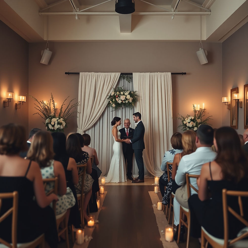 Bride and groom hold hands at an indoor wedding ceremony, surrounded by guests. Floral decor and candles create a warm, intimate ambiance.