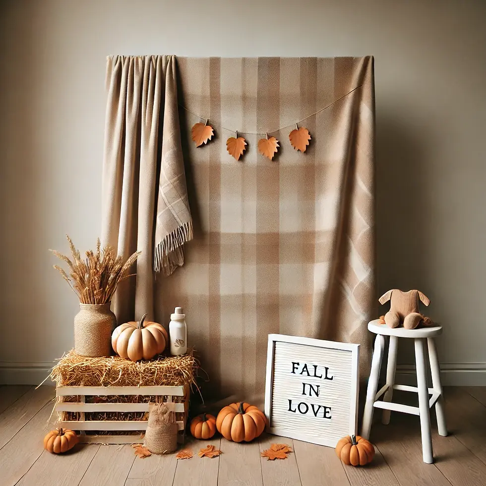 Fall-themed setup with pumpkins, plaid fabric, leaf garland, and a sign that reads "FALL IN LOVE" on a wooden floor. Cozy autumn ambiance.