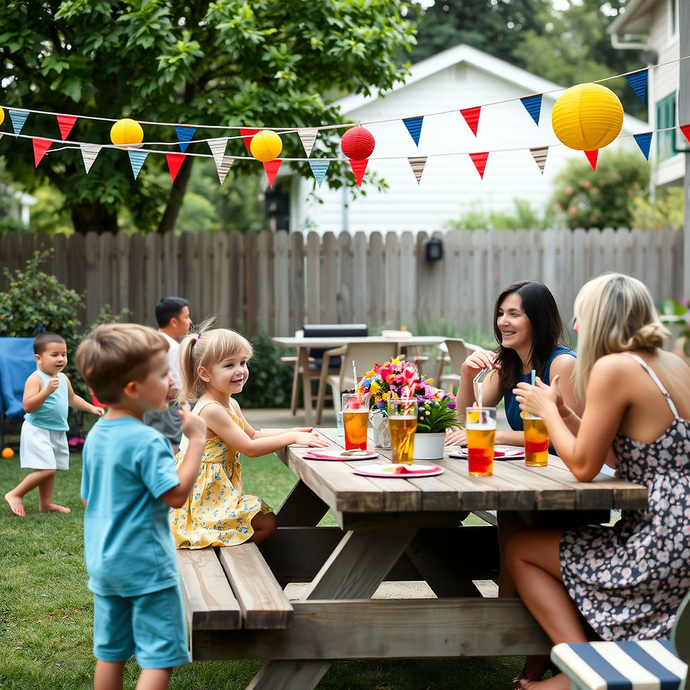 Family picnic in a backyard with kids playing and women chatting at a table. Colorful bunting and lanterns hang overhead. Lively and cheerful.