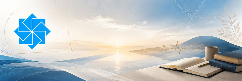 Moke One banner with a blue geometric logo, open books, a calm landscape, and a subtle heartbeat line across the sky.