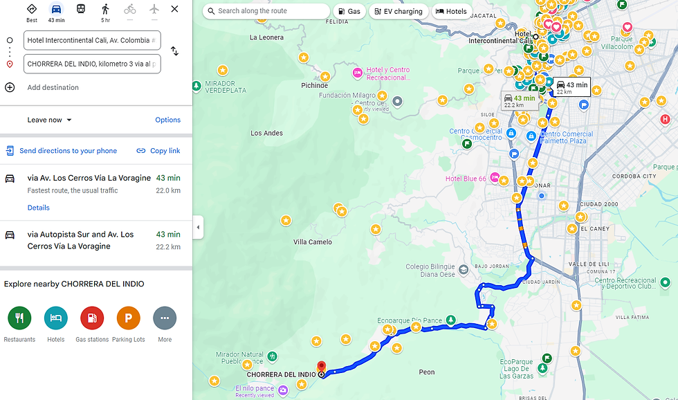 google maps route from cali to chorrera del indio