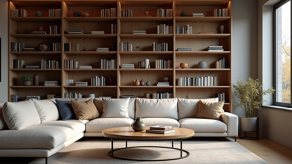 Eye-level view of a beautifully crafted custom bookshelf in a cozy living room