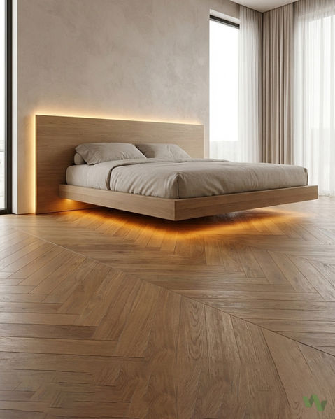 Bespoke low-profile floating bed with white oak finish and hidden support base by Wood-N-Work Inc. serving Peterborough and the GTA.