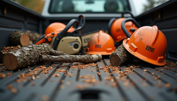 Close-up view of tree service equipment including chainsaws and safety helmets laid out on a truck bed