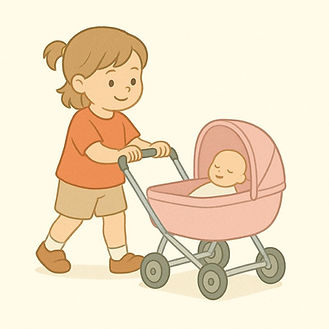 Illustratie van meisje met poppenwagen babyspullen-advies.nl.jpg