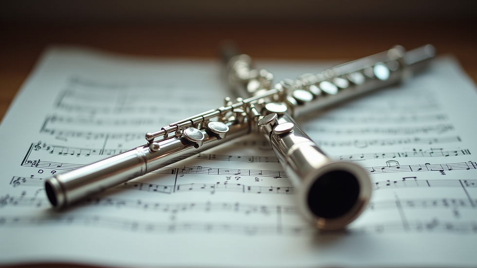 Close-up view of a silver flute resting on sheet music