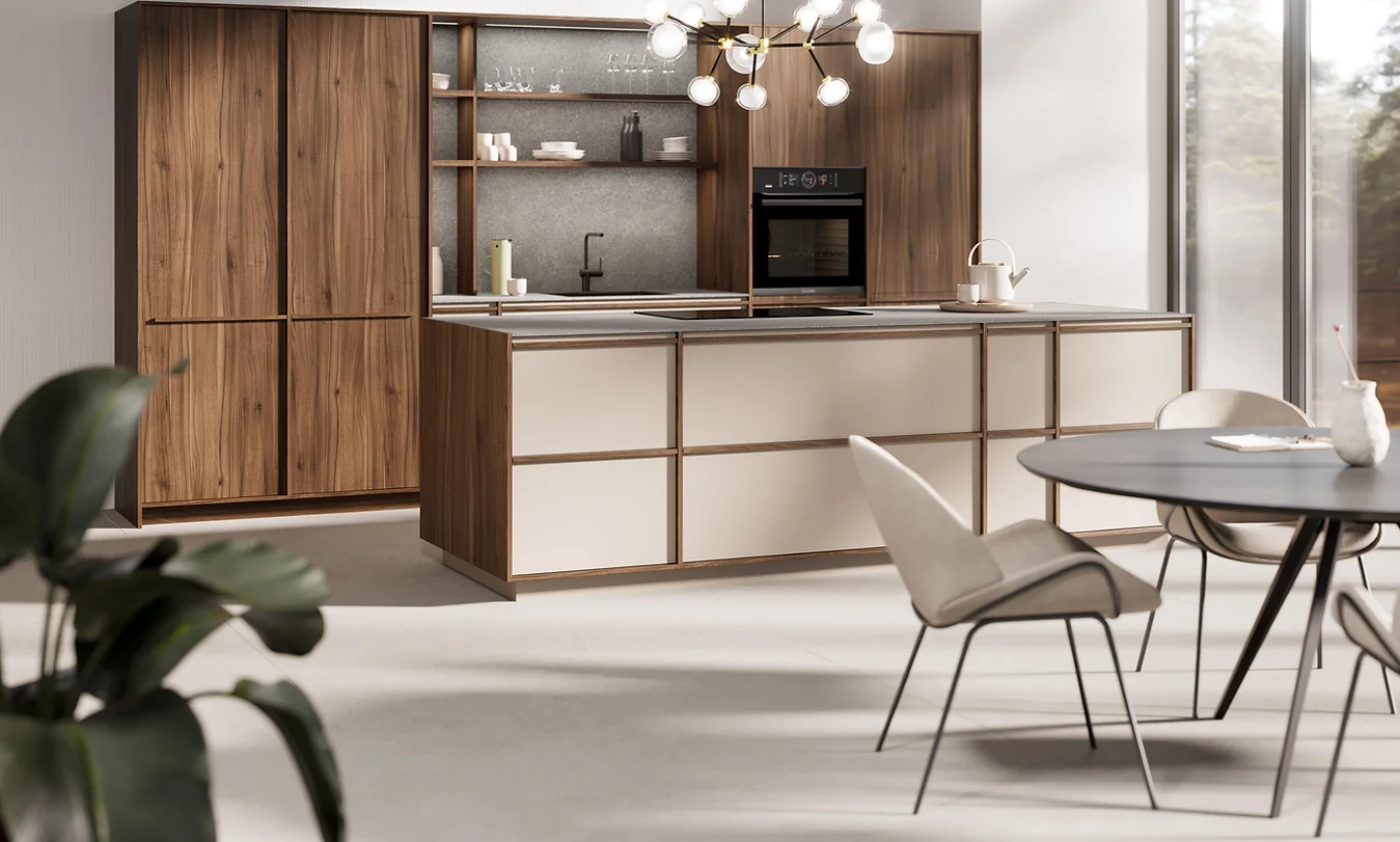 Japandi style kitchen with white cabinets, rich, wooden elements, Japanese-style light fixture and Scandinavian style, frameless kitchen cabinets