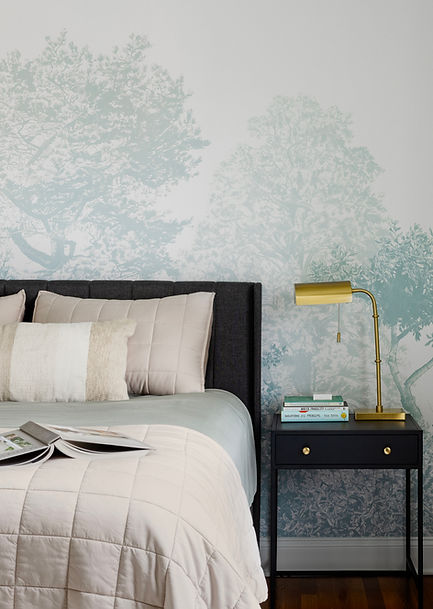 Relaxing Guest Bedroom Jersey City Interior Design, Beatiful wall mural for bedroom, uphol