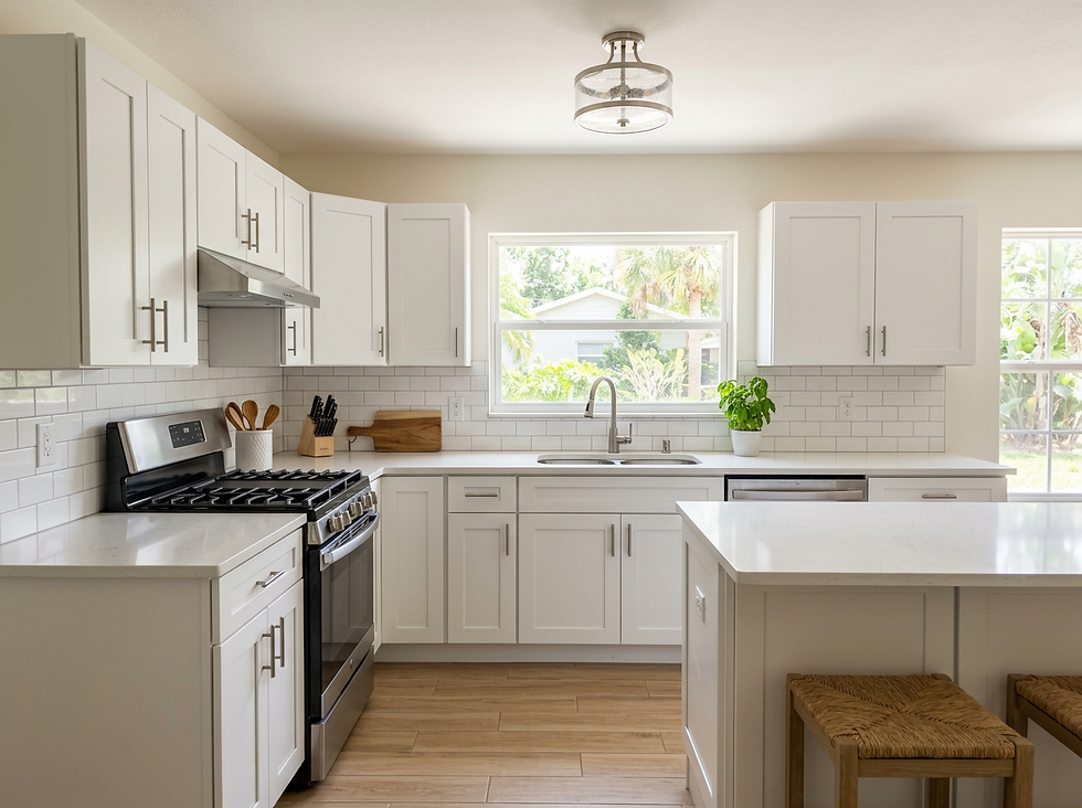 Bright residential kitchen with white cabinetry, countertops, and modern finishes.