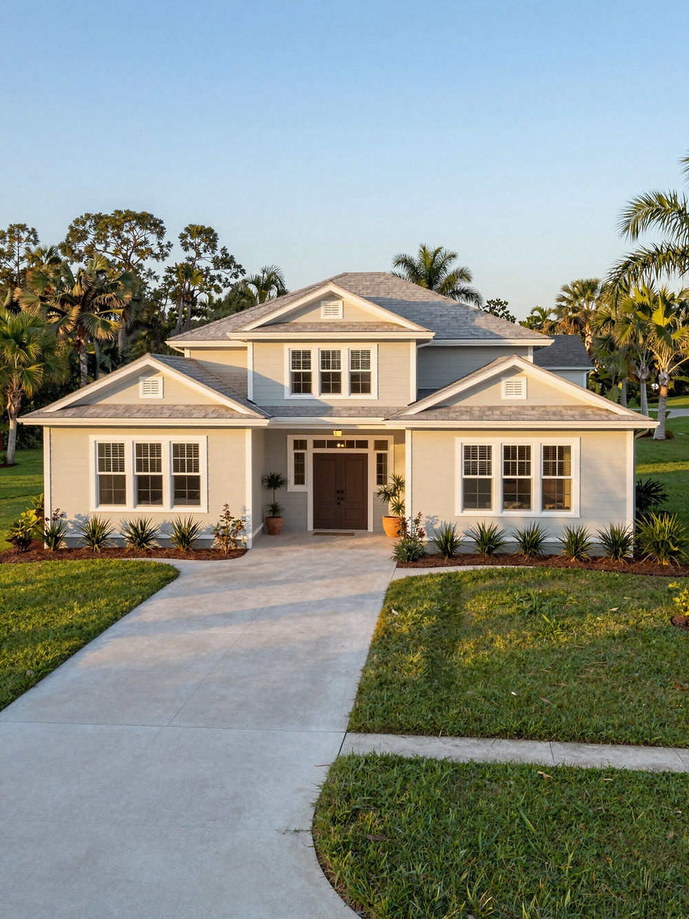 Modern house with a wide driveway and green lawn