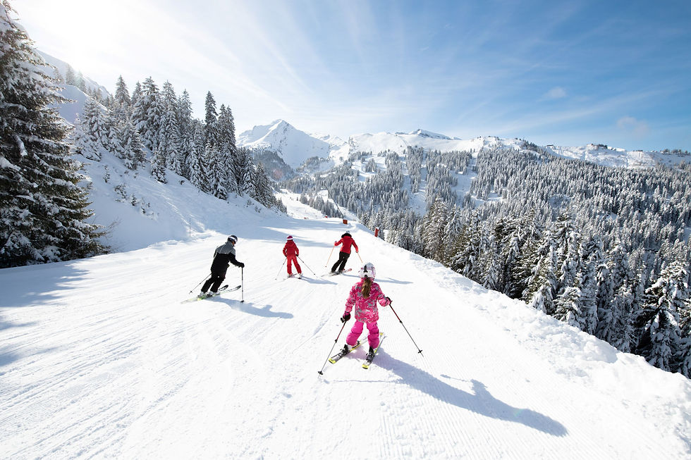 En familie nyter en solfylt dag med å stå på ski ned de snødekte bakkene i Alpene, omkranset av fantastiske fjellutsikter og snødekte trær.