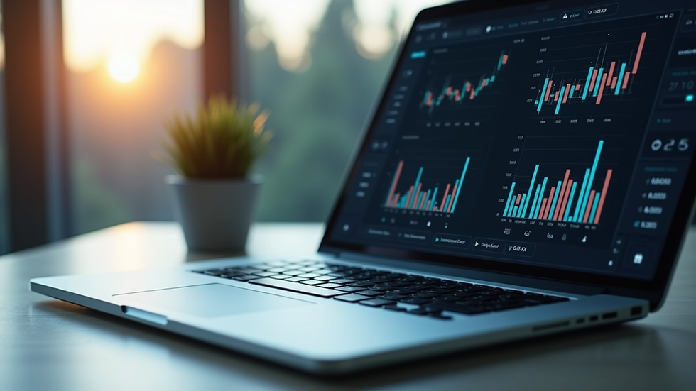 Eye-level view of a laptop displaying financial graphs and charts