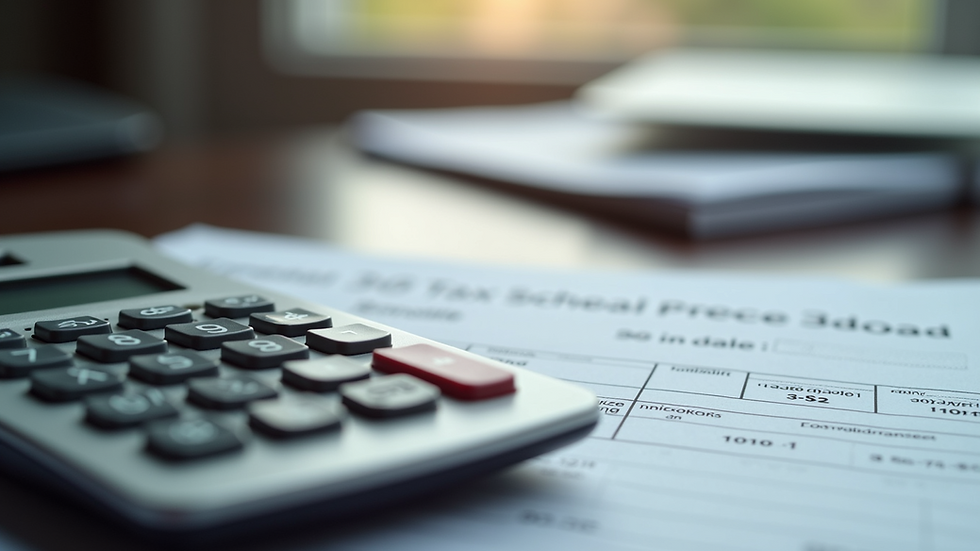 Close-up view of a calculator and tax forms on a desk