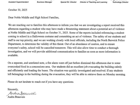 Noble Middle & High School Classes Cancelled Friday, October 31