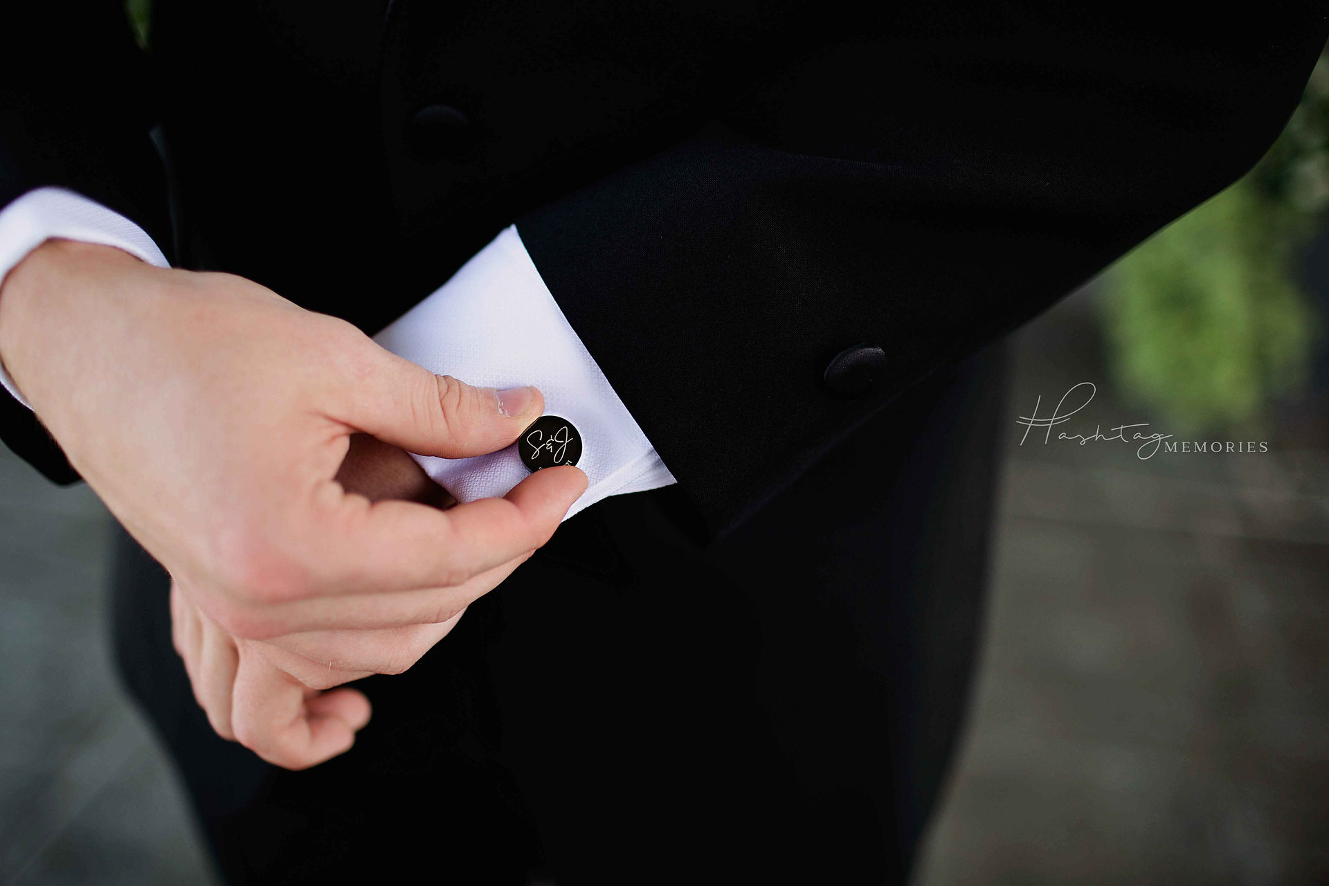 custom cufflinks gift from bride to groom on wedding day by indiana wedding photographer, hashtag memories photograph