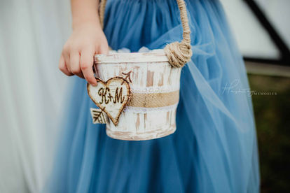 blue and white wedding flower girl basket