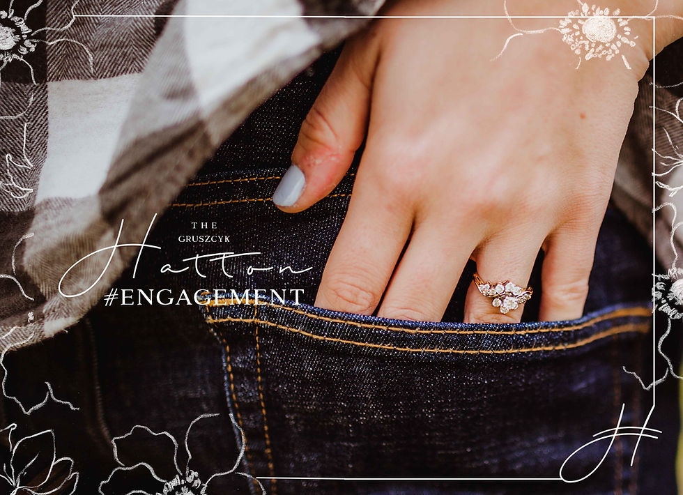 Columbus Indiana couple's engagment session, zoom in on woman's hand with engagement ring sitting in groom-to-be's back jean pocket. Engagement ring is vintage in style, shaped as round flower and purchased from a local Columbus, Indiana jeweler.