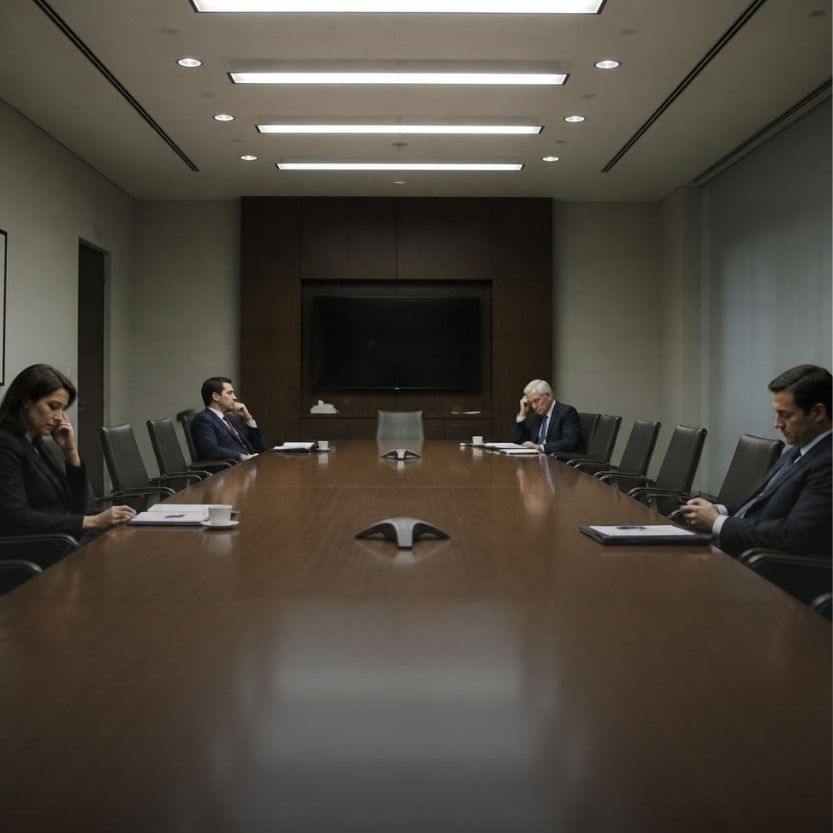 A sparse board room with low member participation.