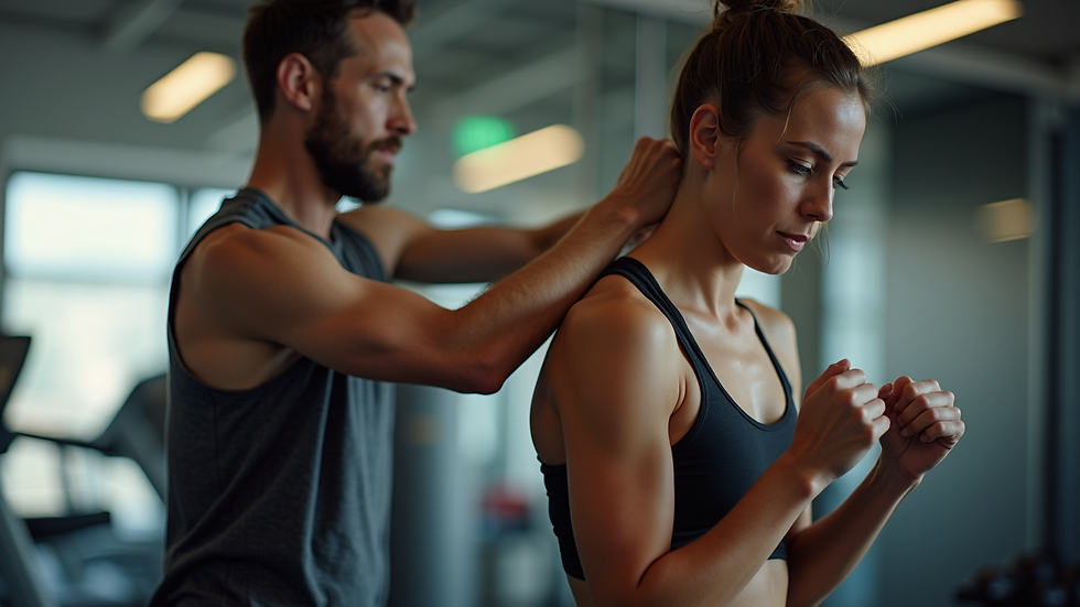 Close-up view of a personal trainer adjusting a client’s posture during exercise