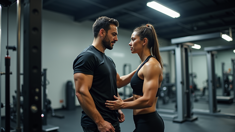 Eye-level view of a gym with a personal trainer guiding a client