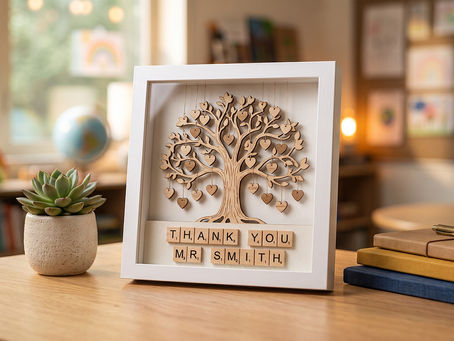 Bespoke handmade teacher thank you gift frame featuring a wooden tree with heart leaves and scrabble tiles spelling out Thank You Mr Smith, styled on a wooden school desk with a succulent plant.