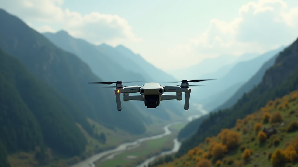 Wide angle view of a drone capturing a mountain valley