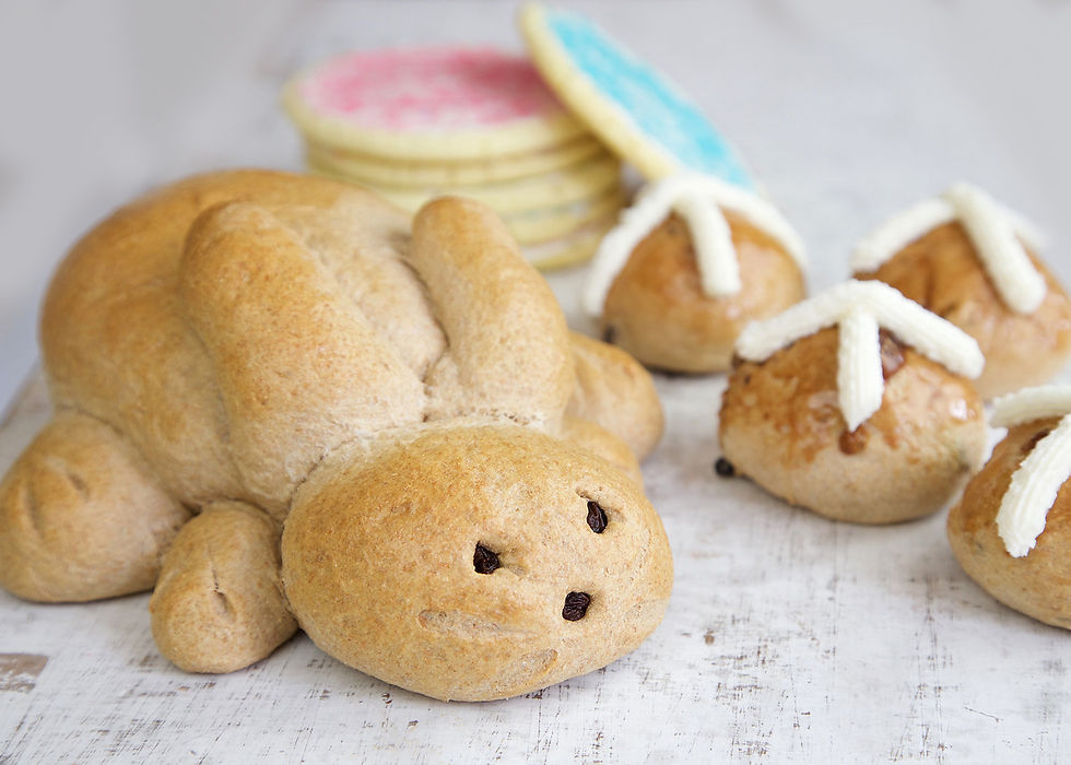 easter bread bunny with hot cross buns