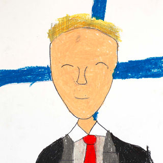 9-vuotiaan lapsen tekemämuotokuva kansanedustaja Antti Kurvisesta.