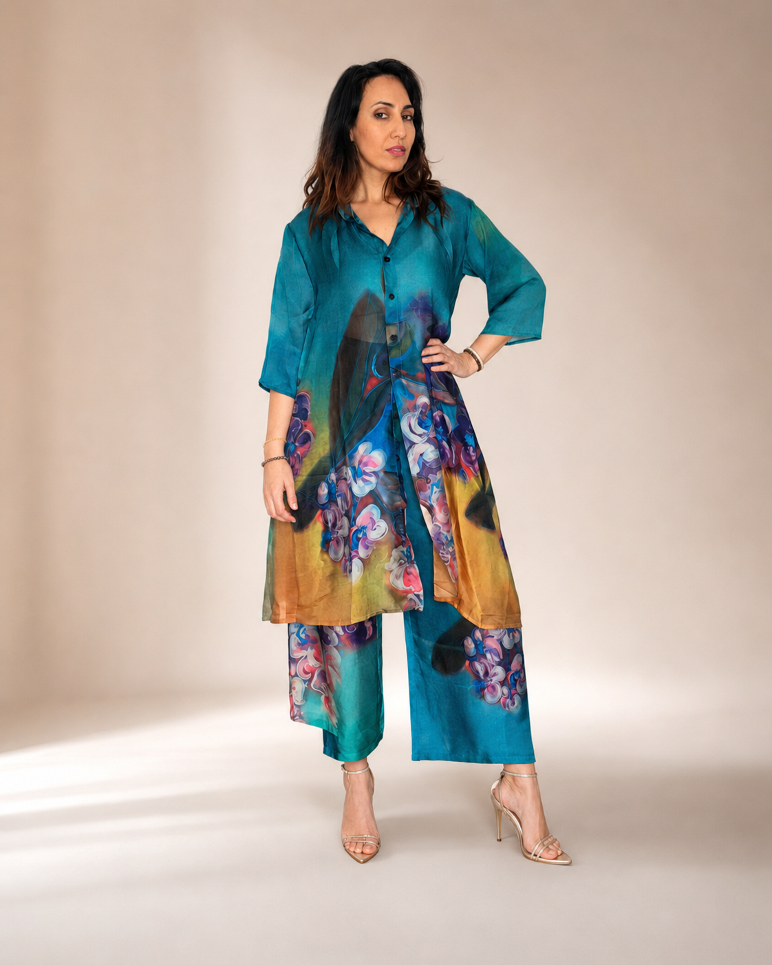 Turquoise Bloom Silk Two-Piece Set