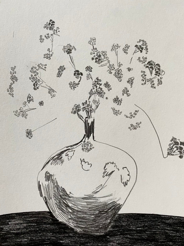 a black and white drawing of flowers in a vase