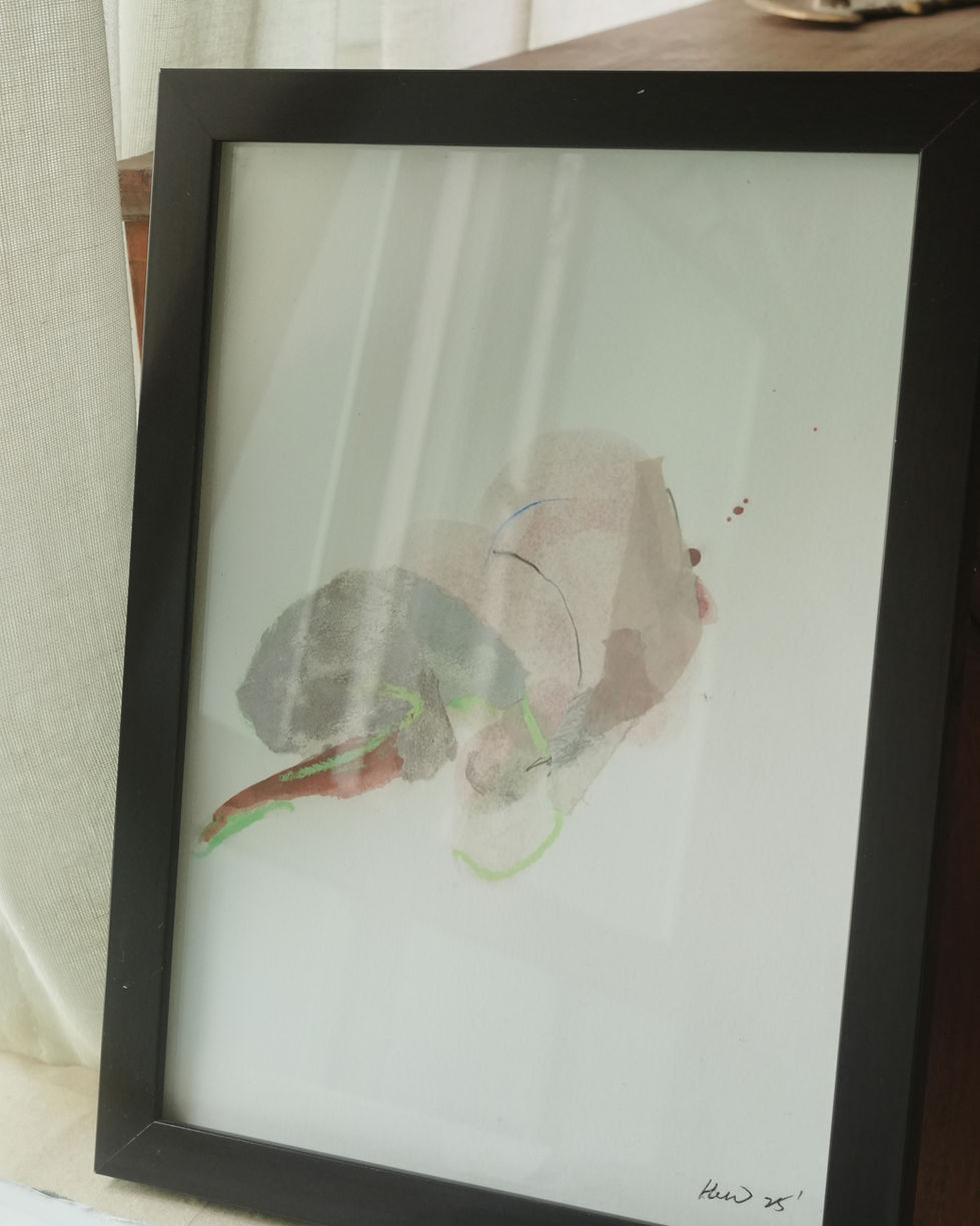 a painting in a black frame with a white background