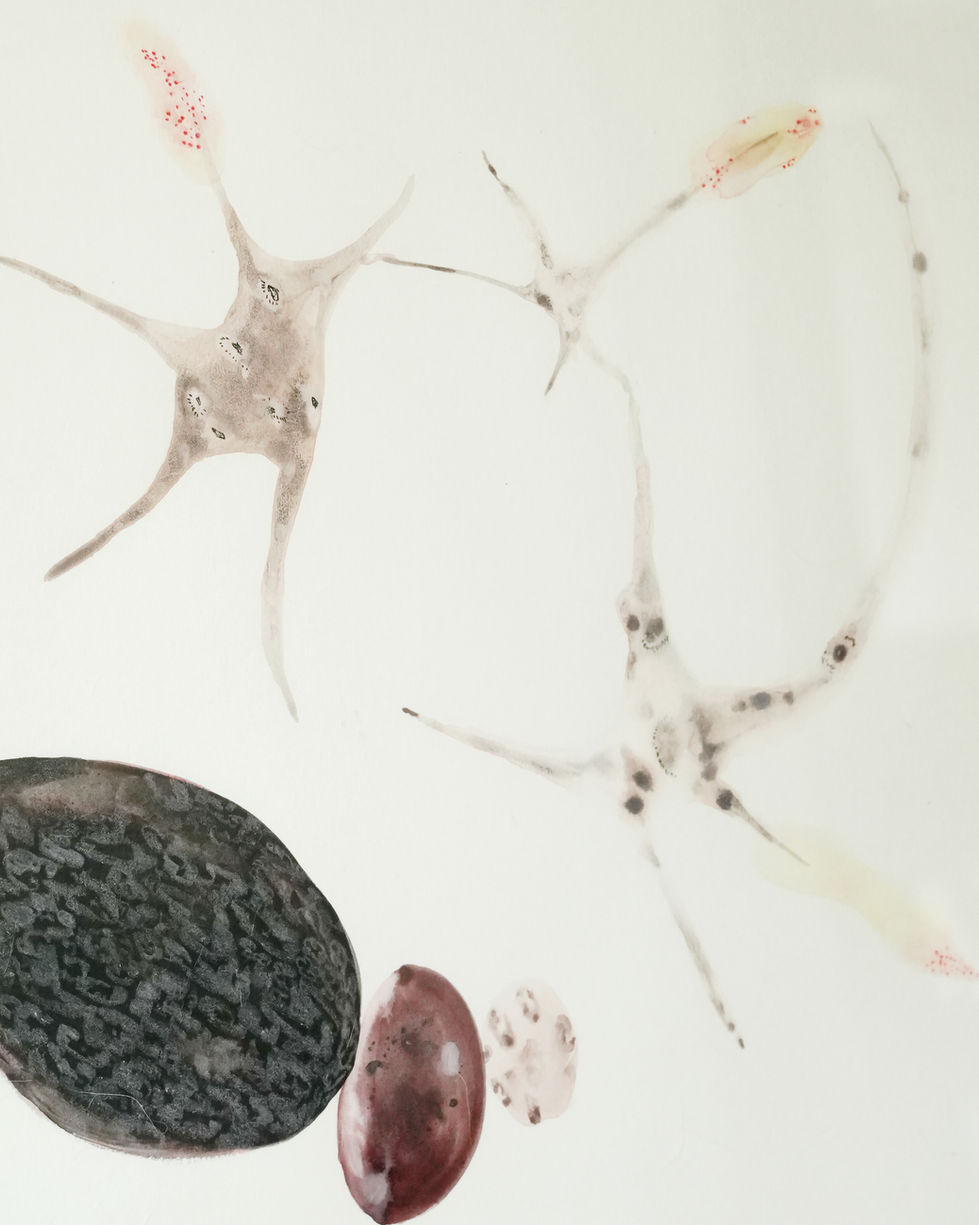 a close up of a painting with a black rock in the middle