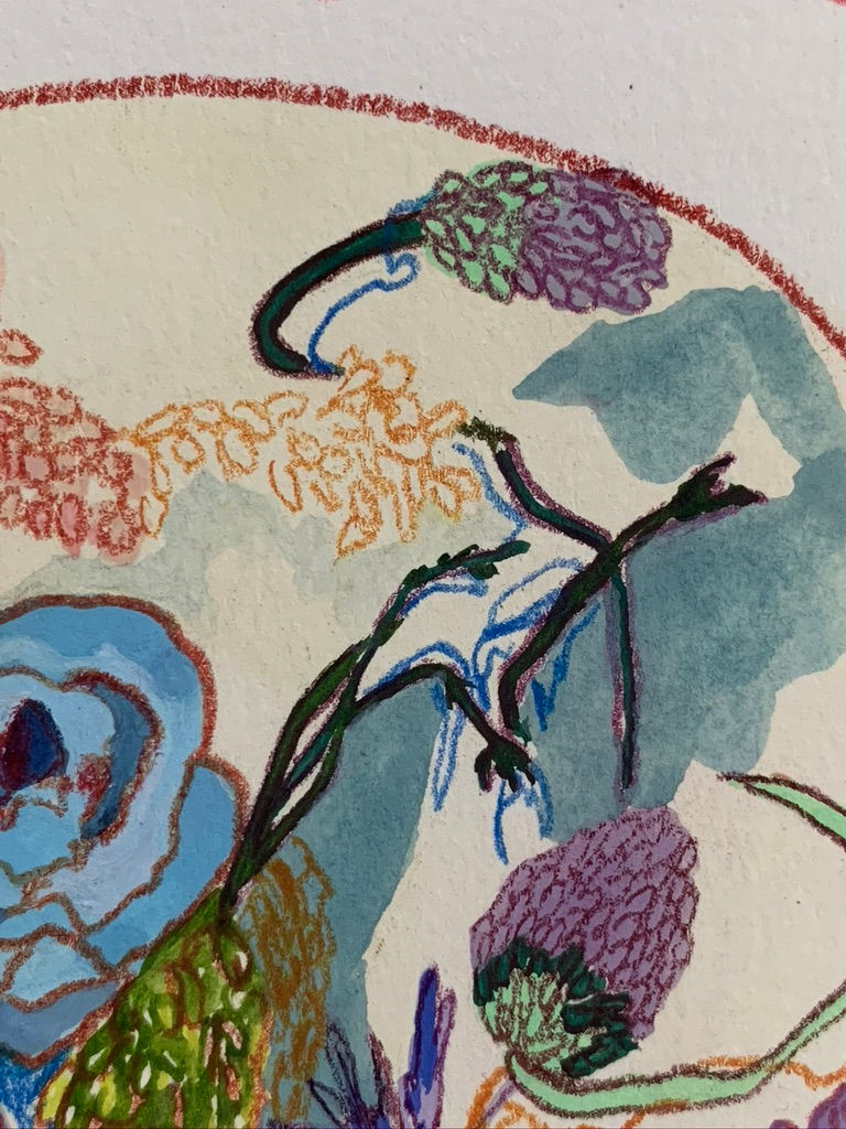 a close up of a colorful painting of flowers