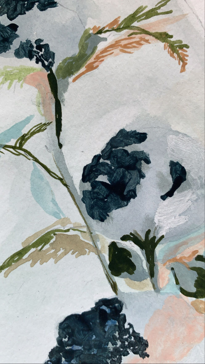a close up of a painting of flowers and leaves