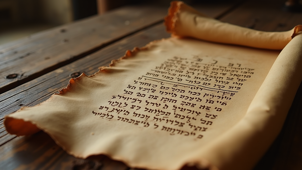 Eye-level view of an ancient scroll with Hebrew text