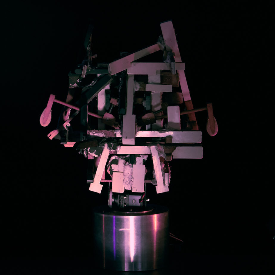 Robot piano head sculpture. Detail from Love and Hate robot art installation.