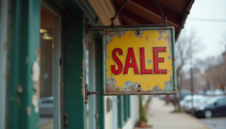 Eye-level view of a faded and cracked storefront sign